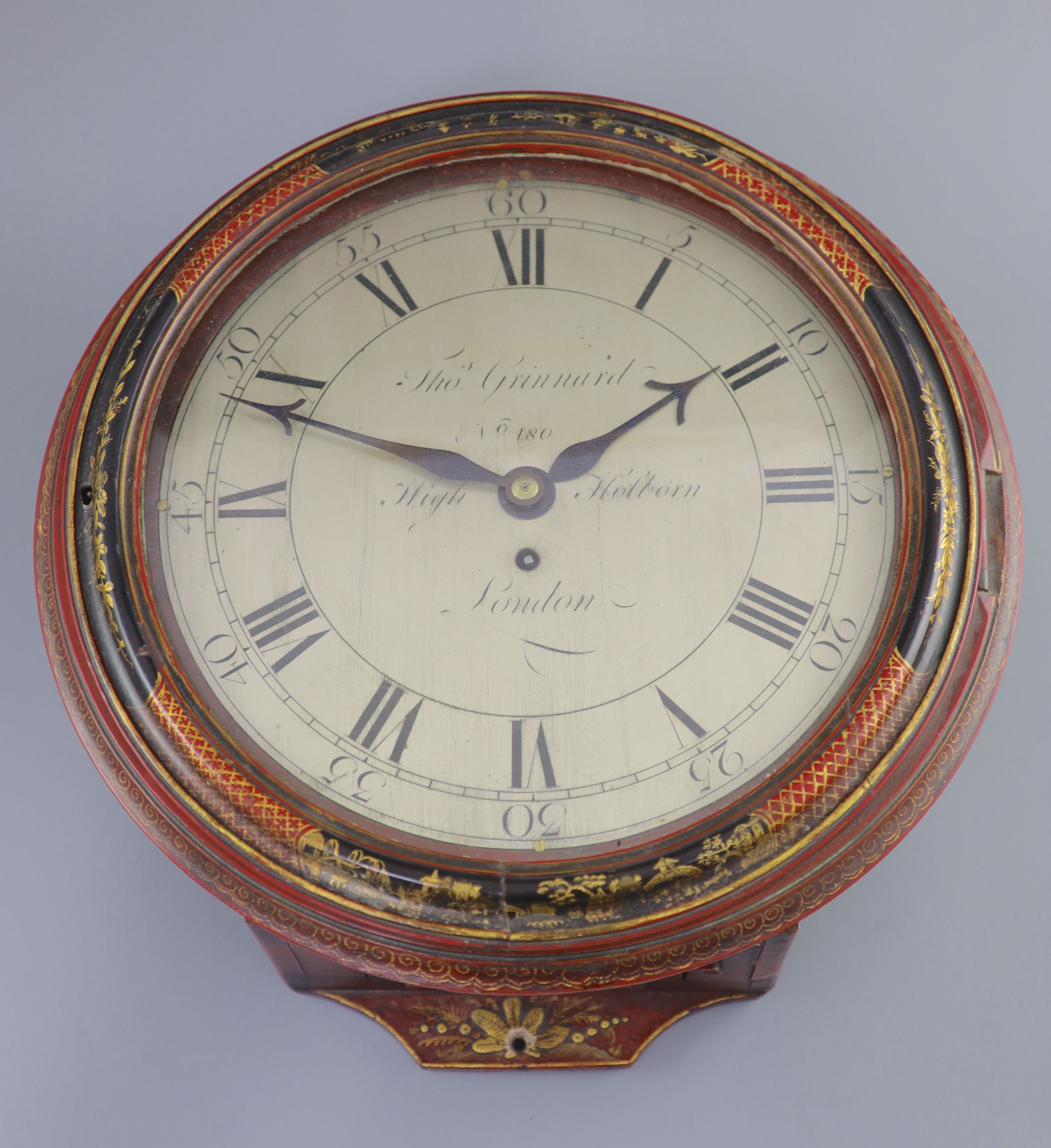 A mid 18th century eight day timepiece by Thomas Grinnard, High Holborn, London, number 180 in a later chinoiserie lacquered mahogany c